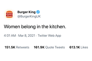 Burger King tweets on women’s day to promote their upcoming culinary scholarship program for women.