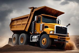 A large dump truck driving through dirt.