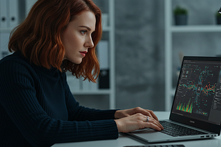 A woman building simple AI Agents by drag and drop on laptop, photography, highly detailed.