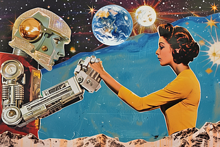 Collage of a robot and a woman holding hands, in space. AI image created on MidJourney V6 by Henrique Centieiro and Bee Lee