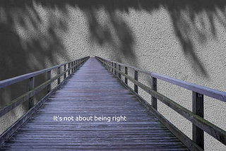 you see a wooden purplish blue bridge in front of you leading to a grey wall with the shadow of leaves. There is one sentence on the bridge “It’s not about being right”
