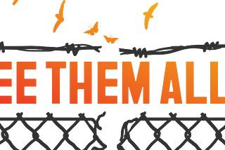Free them all VA rectangle logo. Fence with barbed wire broken in the center. Free Them All VA is written in orange ombre. There are orange birds flying at the top.
