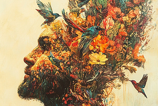 An artistic double exposure portrait showing a person’s profile silhouette filled with vibrant autumn-colored flowers and foliage. Multiple hummingbirds in turquoise and red tones appear to be flying out from and around the floral composition. The background is cream-colored, creating a striking contrast with the dark silhouette and the warm oranges, reds, and teals of the flowers and birds. The overall effect creates a surreal and dreamlike image that blends nature with human form.