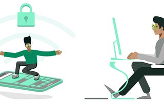 One illustration of a man in a surfing pose on a mobile phone and another illustration of a man sitting at his computer.