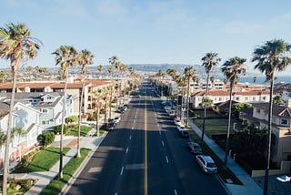 Raised view down middle of palm tree lined street with typical southern California houses
