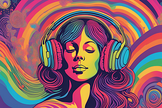 AI generated colour image, portraying a woman with headphones on, surrounded by rainbow-like arches of colour flowing around her.