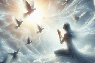 A woman praying and there are white doves flying to her