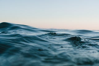 Photo of the ocean from near the surface. A clear sky is overhead, and the water ripples in the foreground.