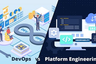 Comparison infographic between DevOps and Platform Engineering showing workflow diagrams, cloud technology, and data analytics concepts.