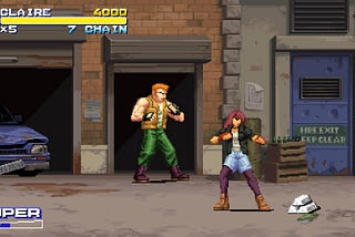 Final Vendetta’s protagonist Claire stands on a street next to a dude and some random silver bars that came out of a barrel.