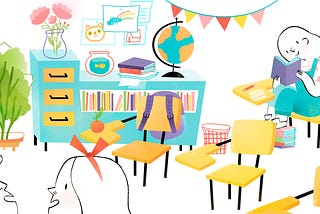 illustration of a kid reading a book in a messy colorful classroom