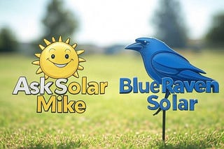 This image features a comparison between two solar companies. On the left side, there is a bright yellow sun with a smiling face representing “Ask Solar Mike.” The text “Ask Solar Mike” is written in bold, with “Ask” and “Mike” in yellow and “Solar” in white. On the right side, there is a stylized blue raven representing “Blue Raven Solar.” The text “Blue Raven Solar” is written in blue, with “Blue” and “Raven” in a darker shade and “Solar” in a lighter shade.