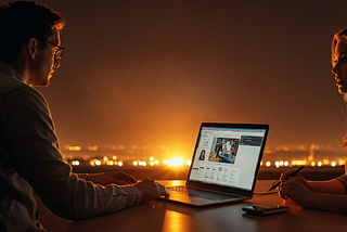 handsome man and beautiful woman using laptop under yellow lights at night.