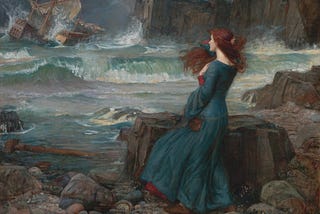 Miranda, a protagonist in The Tempest by William Shakespeare, watches out to sea. The wind is strong and the sea turbulent, and a ship is in the process of getting wrecked.