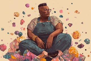 An illustration of a black woman wearing glasses and dungarees sitting cross-legged on a pile of colourful Gems.