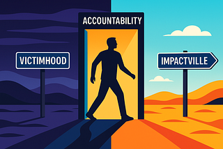 A person walks through a door labeled Accountability — the key to moving from Victimhood to Impactville — leaving behind darkness and stepping toward the bright possibilities that await on the path of growth and impact. Image credit: The Ratchet Sage™ (Canva) — “From Victimhood to Impactville” under the following license: Authentic Distinction™ exclusive.