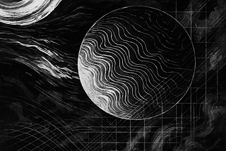 A black-n-white abstract illustration of Earth, Ocean, scientific discovery in the maritime domain, and technological advancements in the blue economy.