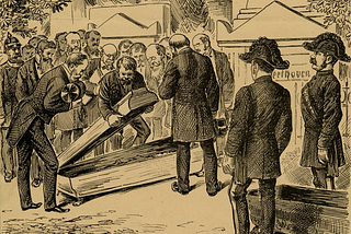 Illustration: Exhumation of Beethoven’s corpse in 1888, now held in San José State University’s Special Collections & Archives. Image shows several formally dressed men (two in bicorn hats, for example) standing round while one man lifts a coffin lid