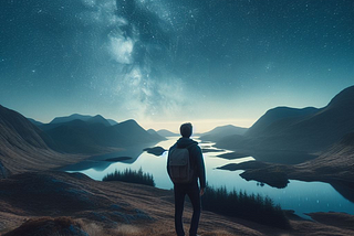 A young man with backpack standing at edge of a trail after a hiking sojourn, looking into the beyond as a river runs far below meandering a mountain range in the dark evening of a star lit sky