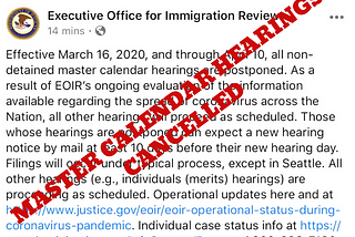 IMPORTANT-Immigration Court Hearings Cancelled Due to COVID19 Concerns