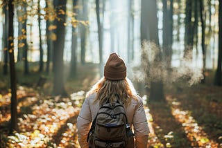 Foggy cold morning weather in autumn. Woman with backpack and knit hat hiking in forest at fall season