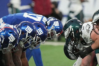 Giants defensive line lining up against the Eagles offensive line.