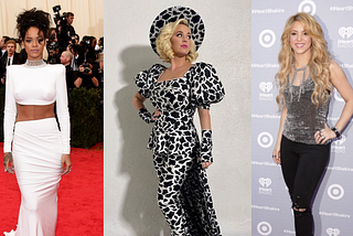 A picture of Rhianna on the Red Carpet wearing a white two peice dress. a picture of Katy Perry in a lepoard outfit in from of a white wall. And a picture of Shakira on the red carpet in ripped black jeans and a shiny silver top.