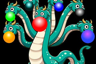 A hydra with seven grinning faces and colored spheres on its head