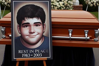 A picture of a chubby, dark haired 20-year-old male sits in front of a closed casket. The picture says “Rest in Peace 1983–2003.”