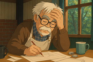 AI-generated Studio Ghibli-style illustration of Hayao Miyazaki drawing at his desk, highlighting the tension between handcrafted animation and AI mimicry.