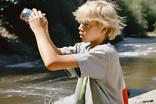 A boy throwing a can of soft drink into a river.