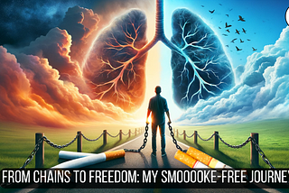 A digital illustration depicting a person breaking free from chains linked to oversized cigarettes, standing at the beginning of a pathway leading towards healthy, vibrant lungs that transition into a clear, blue sky with birds flying freely, symbolizing a journey from smoking to healthy living, for the article ‘Breaking Free: My 7-Year Victory Over Smoking’ on Medium.com.