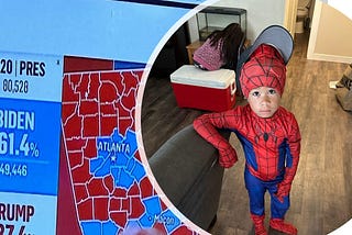 Image of a political map displaying the colors red and blue create a background for a picture of a child dressed in a spiderman costume.