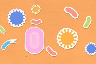 Illustration of germs on a surface with a bar of soap