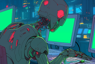 An AI-generated image of robots at computers in an anime style. The robots are humanoid in general shape, but visibly non-human.