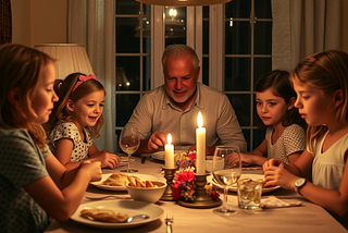 Children at the dinner table without their mom.