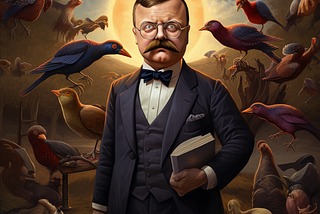 AI depiction of Theodore Roosevelt with birds in the background. He is wearing a suit and holding a book. He is very small.