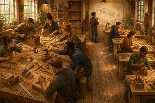 A warm editorial cartoon of several craftspeople crowding around one oversized workbench, accidentally interfering with one another despite working carefully, while a row of newly opened individual workbenches lets them spread out and continue building independently. A blueprint on the wall quietly guides newcomers setting up their own spaces.
