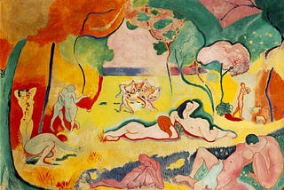 Vivid surreal painting of people in a field indulging in various forms of pleasures. “The Joy of Life” by Henri Matisse