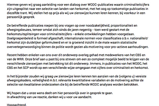 Brief aan (toenmalig) Directeur van WODC, Frans Leeuw, 2017