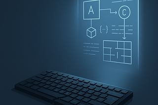 A broken keyboard and a glowing systems diagram projected in the wall