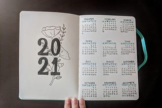 An open journal with 2021 written out on the left page, and monthly calendars written out on the right.