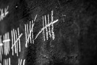 Chalk tally marks on a chalkboardesque prison wall