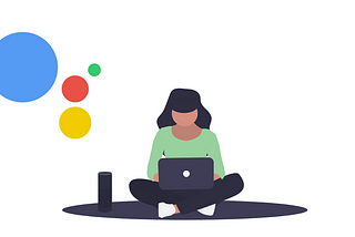 A girl sitting on the ground with her laptop next to a voice activated speaker. A google assistant logo is in the corner.