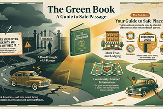 An illustrated infographic titled “The Green Book: A Guide to Safe Passage,” showing roads, cars, warning signs, and icons representing businesses that welcomed Black travelers.