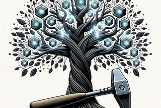 Illustration: A digital tree stands tall, its branches intricately made of lines of code. The leaves are unique software components, each glowing with a luminescent hue indicating connectivity. At the tree’s base, there’s a meticulously detailed chisel and hammer, with the words ‘backward compatible, forward extensible’ elegantly engraved on them, representing the art and craft of software development.