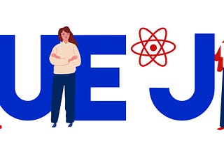 Illustration of man and woman in front of the words Vue JS