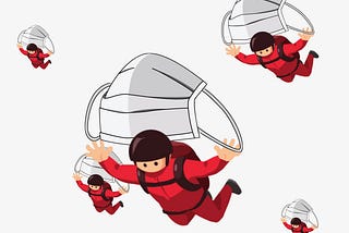 Illustration of skydivers using mouthcaps as parachutes