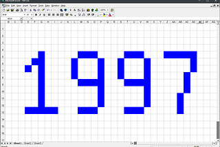 Screenshot of Excel 1997 with some cells fill in blue in to look like low-resolution text that says, 1997.