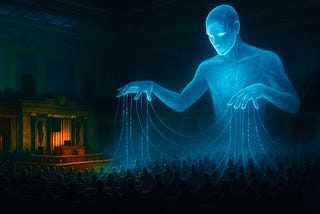 Illustration of the U.S. Congress chamber with a towering holographic AI figure manipulating lawmakers via glowing code-strings, symbolizing hidden algorithmic control over policy.